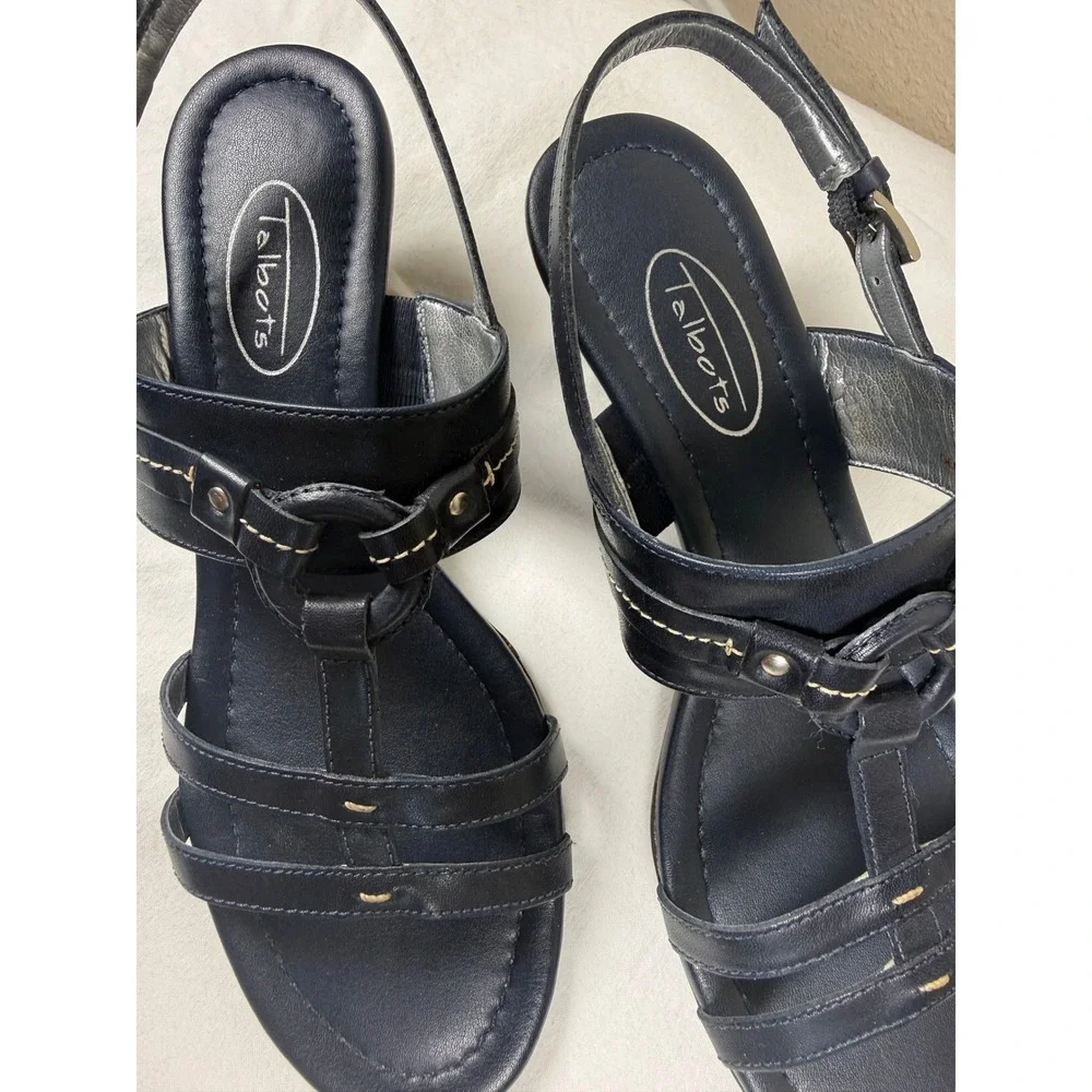 Talbots‎ Navy Blue Leather Wedge Sandals Strappy Slingback Brazil Womens 6.5 AA